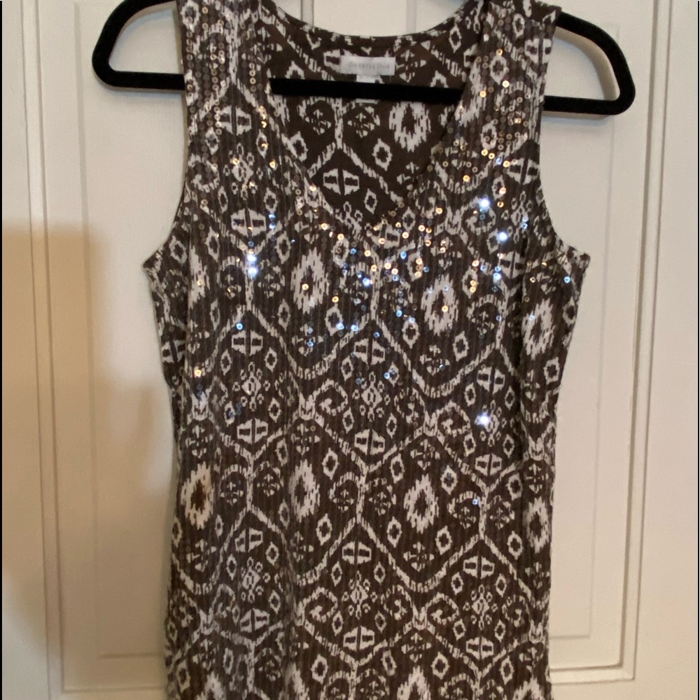 Brown/Cream sequin top. All occasion goes great with winter white pants.